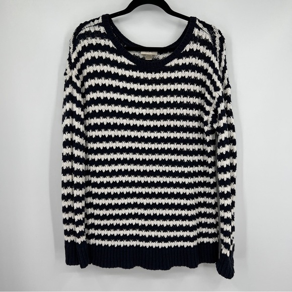 Loft Striped Ribbed Open Knit Roundneck Long Sleeve Casual Popover Sweater - Picture 3 of 9